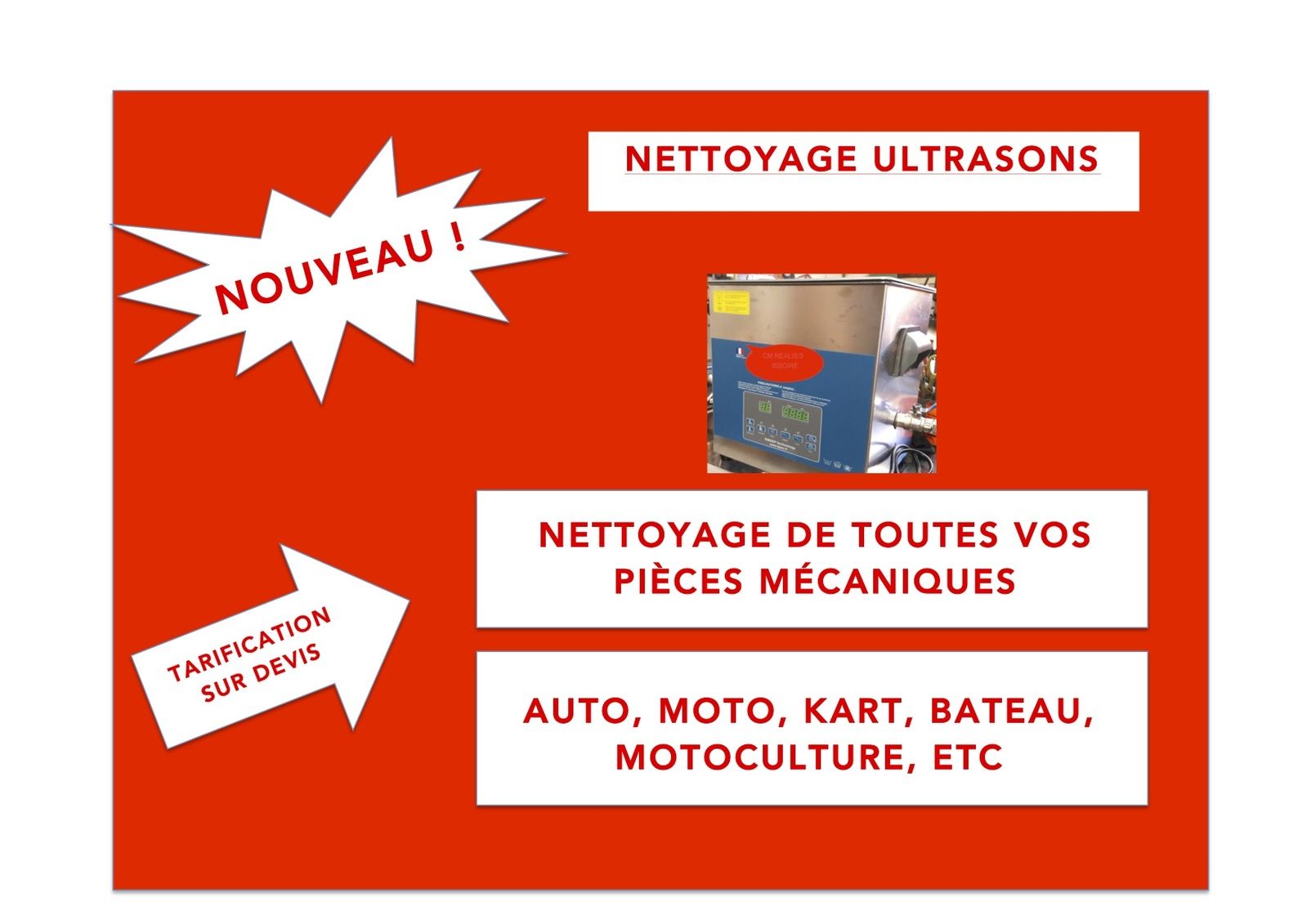 Affiche d’origine : nettoyage ultrasons de pièces mécaniques, auto, moto, kart, bateau et motoculture